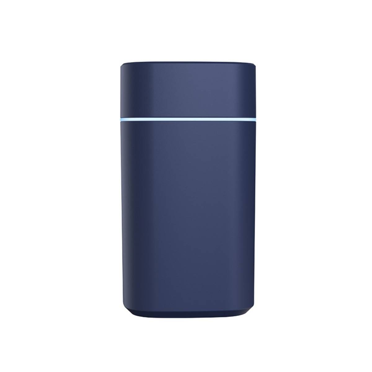 Dunkelblauene zylindrische isolierte Flasche mit einem dünnen hellen Streifen in der Nähe der Oberseite, zentriert auf weißem Hintergrund.