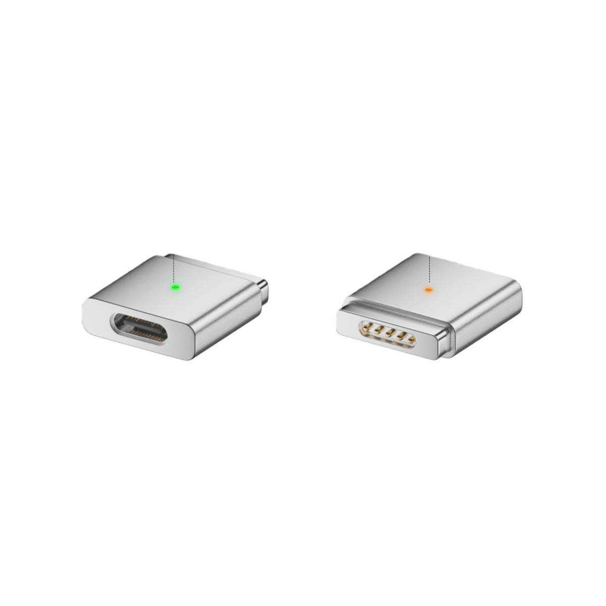 Zwei Ansichten eines kleinen silbernen USB-Adapters, der auf einer Seite einen USB-C-Anschluss und auf der anderen Seite einen vierpoligen Stecker zeigt.
