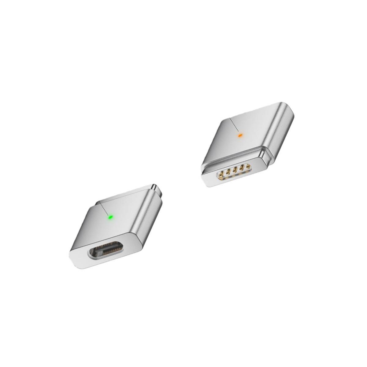 Zwei separate silberne magnetische Ladekonnektoren, einer im USB-C-Stil mit grünem Indikator und einer Steckerverbinder mit orangefarbenem Indikator.