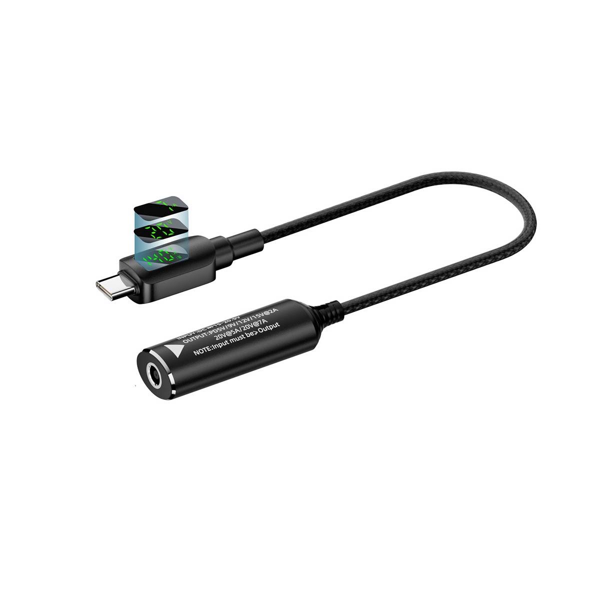 Kurzes schwarzes USB-C-Kabeladapter mit einem LED-beleuchteten Anschluss und einem zylindrischen Inline-Modul auf weißem Hintergrund.