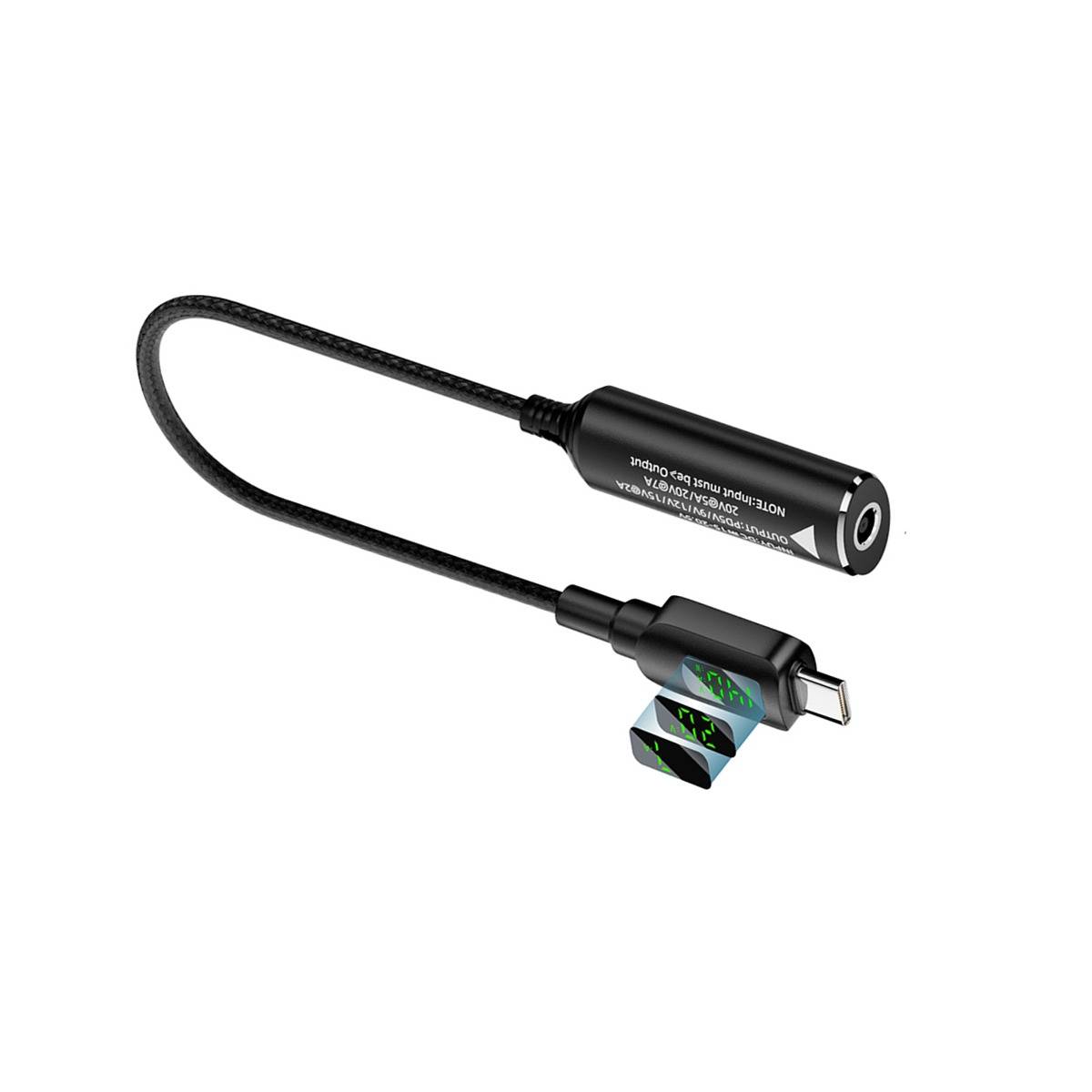 Schwarzer USB-C-Audio-Adapter-Dongle mit geflochtenem Kabel, 3,5-mm-Buchse und USB-C-Stecker auf weißem Hintergrund.