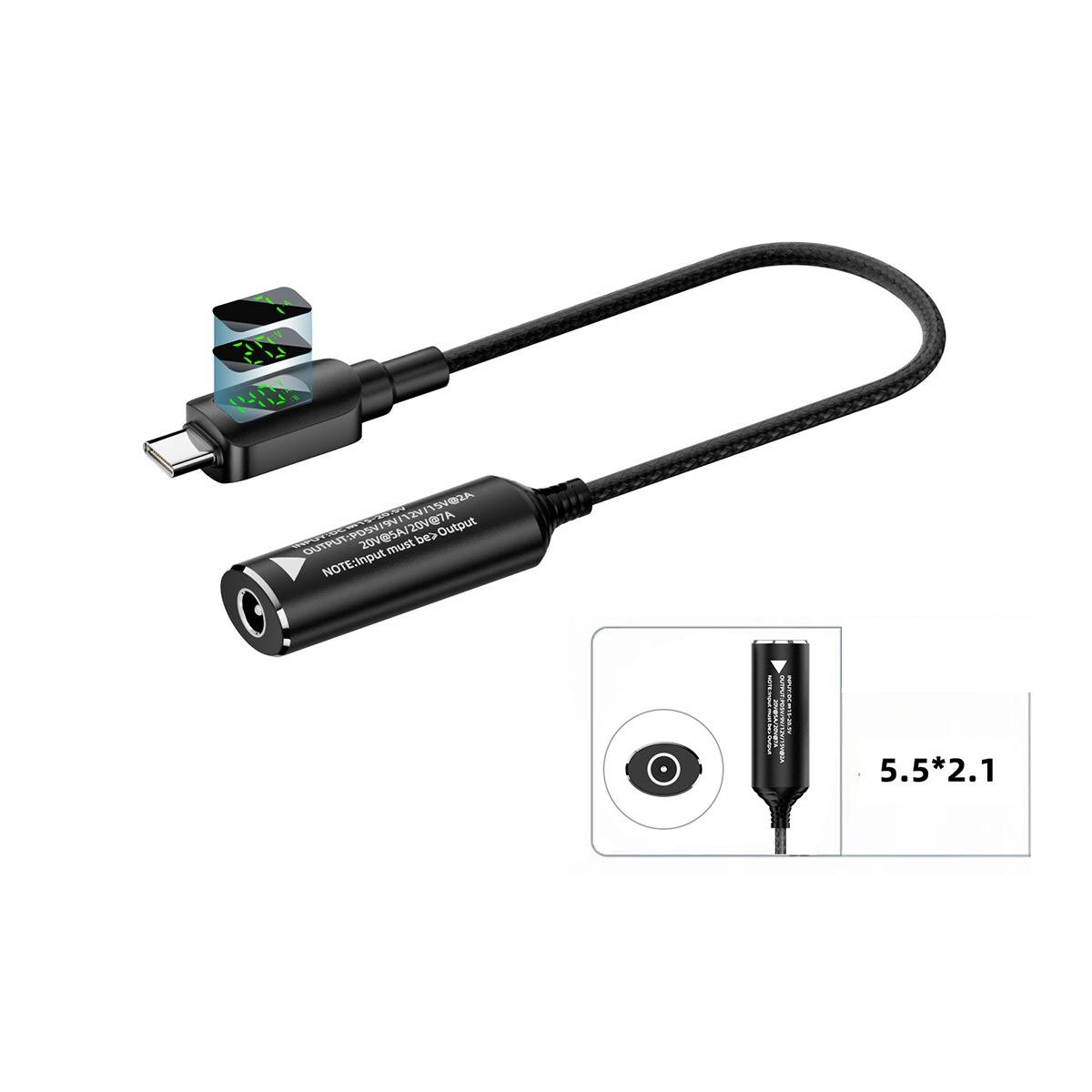 Kurzes USB-Adapter-Kabel mit USB-C-Stecker und rundem DC-Stromstecker, plus eine Vergrößerung mit der Größe des 5,5*2,1 mm Steckers.