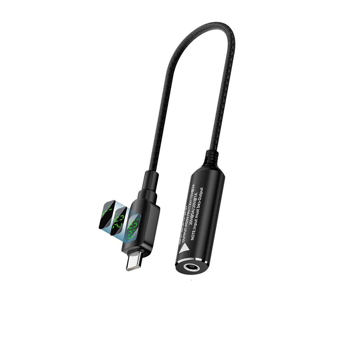 Schwarzes USB-C-Kabeladapter mit einem kleinen Inline-Konverter und drei gewinkelte Steckköpfe, auf weißem Hintergrund dargestellt.