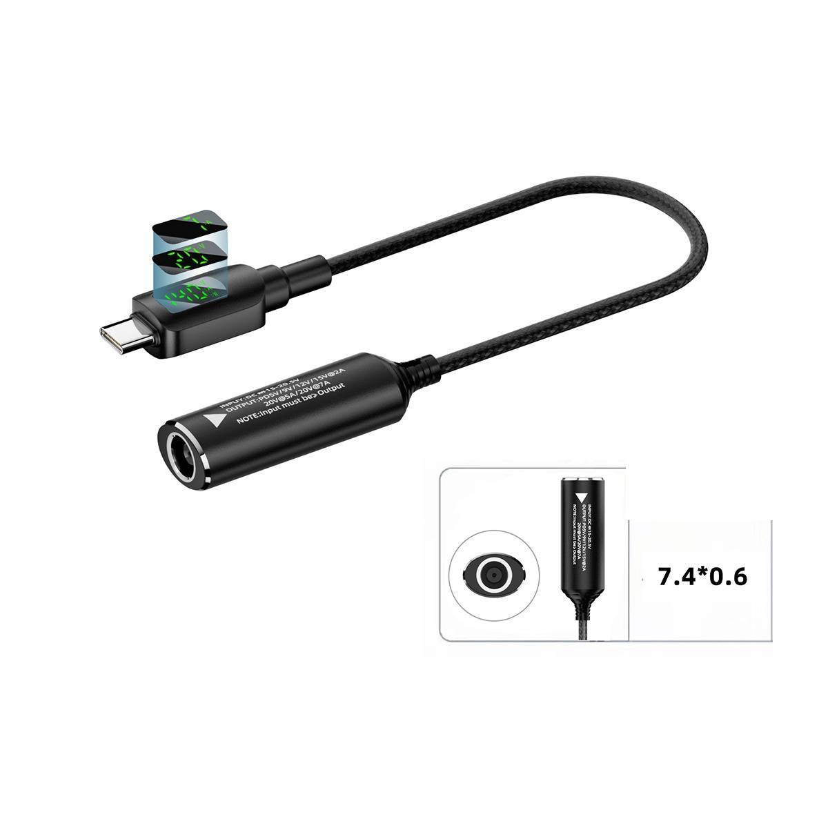 USB-C-Adapterkabel mit kleinem zylindrischem Inline-Modul und flachem Stecker, plus Größeneinsatz mit 7,4*0,6