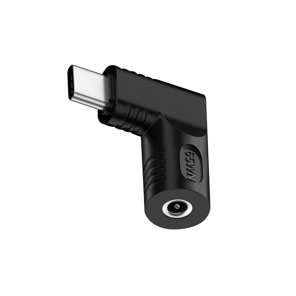 Schwarzer Winkel-USB-C-Adapter mit einer 65-W-Beschriftung und einem kreisförmigen Ladeanschluss am Ende.