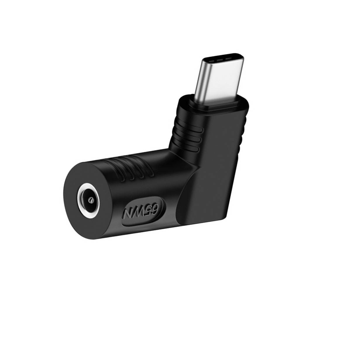 Schwarzer rechtwinkliger USB-C-Adapter mit männlichem USB-C-Stecker und weiblichem Anschluss, beschriftet mit „NMS9".