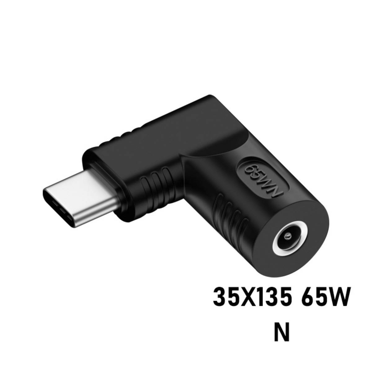 Rechtwinkliger USB-C-Stecker auf DC-Hohlstecker-Adapter mit der Bezeichnung '35X135 65W N'.