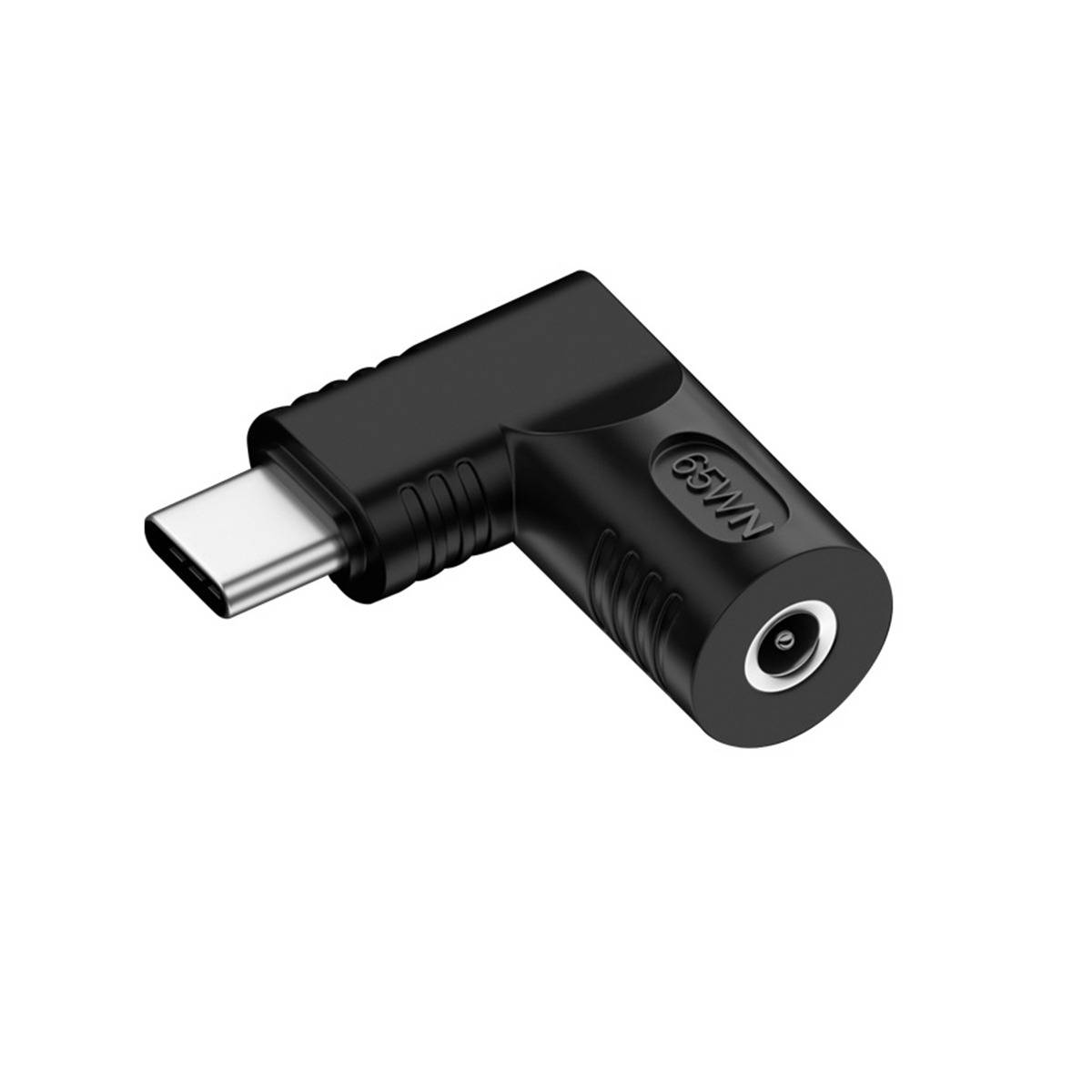 Schwarzer USB-C-Adapter im rechten Winkel mit männlichem USB-C-Stecker und weiblichem rundem Ladeanschluss