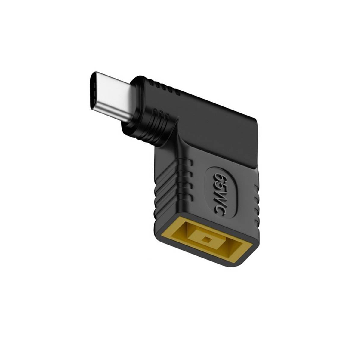 USB-C-Stecker im rechten Winkel zu gelbem rechteckigem Buchse-Adapter auf weißem Hintergrund.