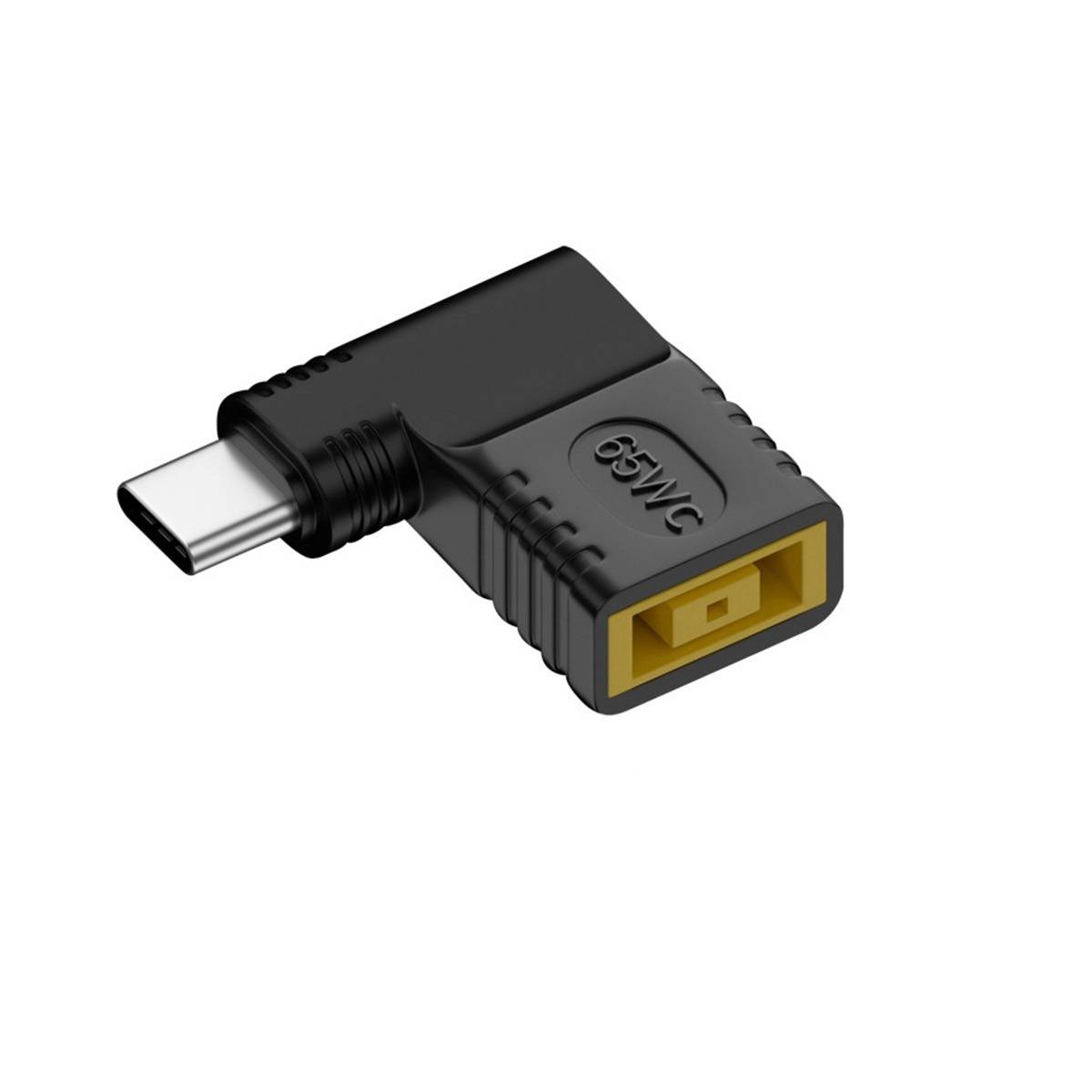 Winkelstecker-USB-C-Adapter mit männlichem USB-C-Stecker und weiblichem Port, schwarz mit gelbem Innenraum