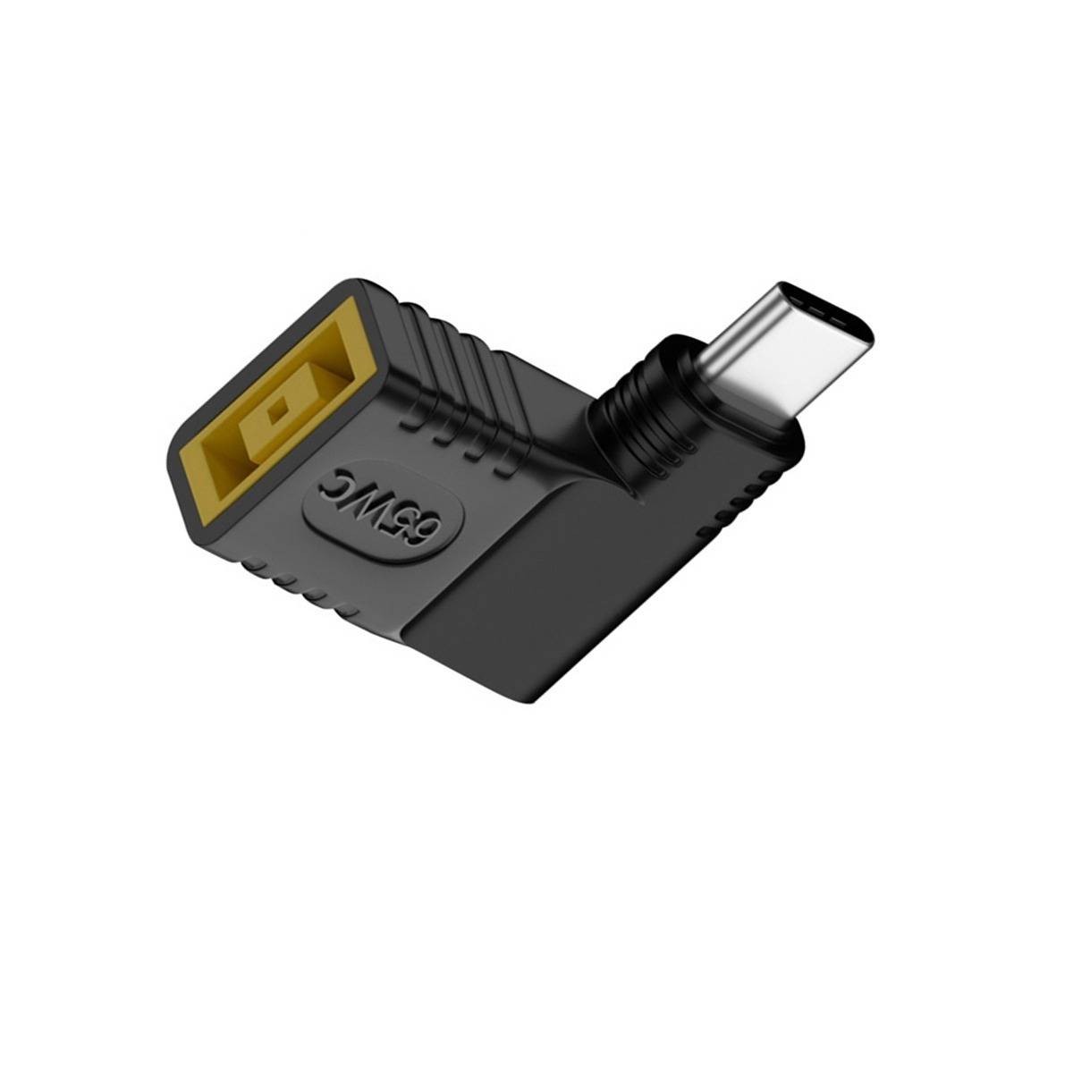 Rechtwinkliger USB-C-Adapter mit schwarzem Gehäuse und gelbem USB-Anschluss, isoliert auf weißem Hintergrund dargestellt.