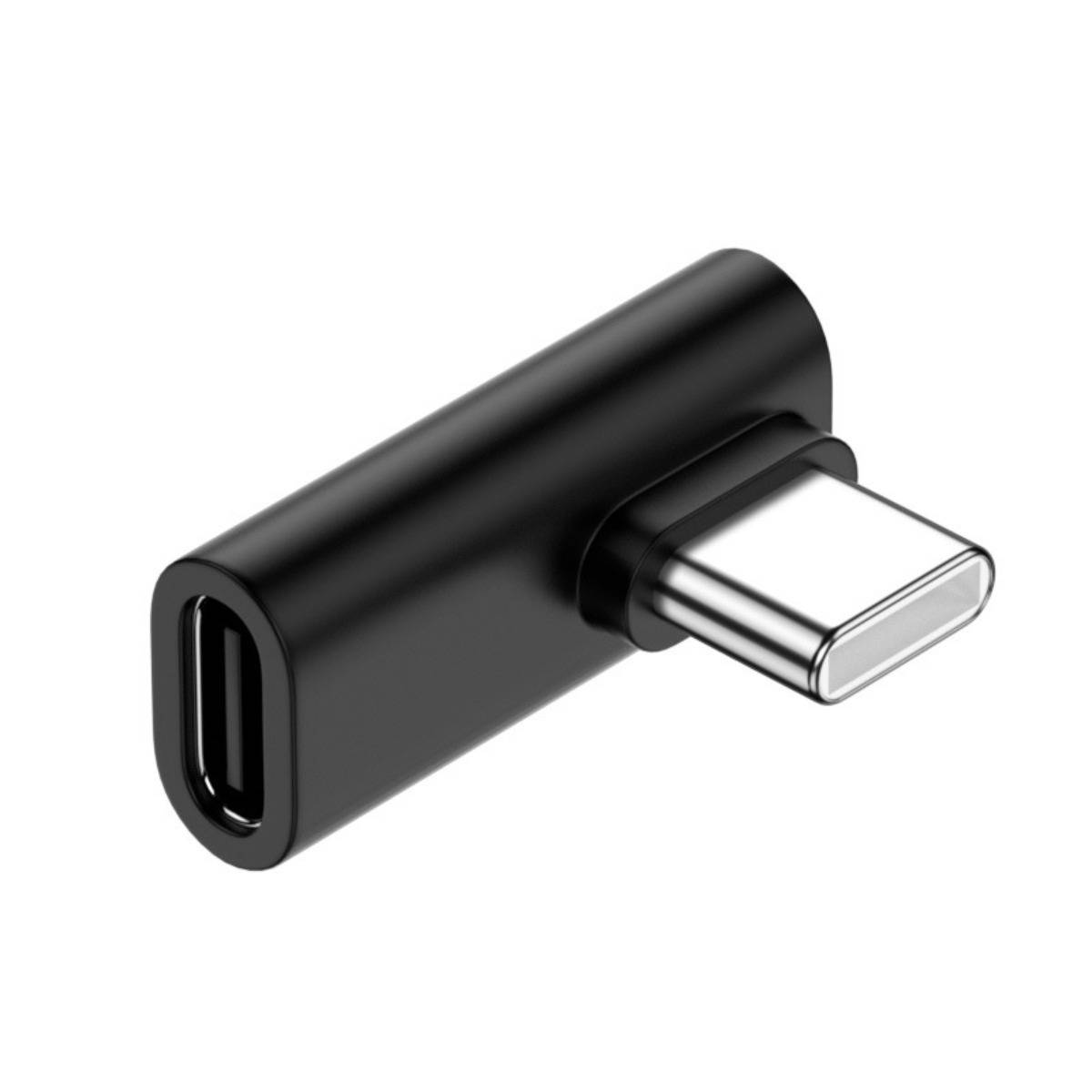Schwarzer USB-C-Adapter mit einem weiblichen USB-C-Anschluss auf der einen Seite und einem männlichen USB-C-Stecker auf der anderen Seite, gezeigt auf weißem Hintergrund.