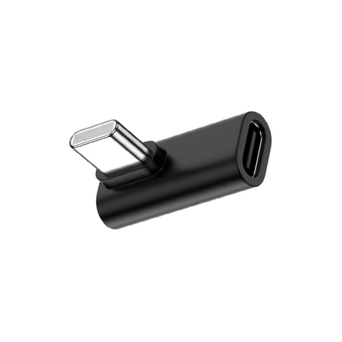 Schwarzer USB-C-Adapter mit USB-C-Stecker und USB-C-Buchse, gezeigt auf weißem Hintergrund.