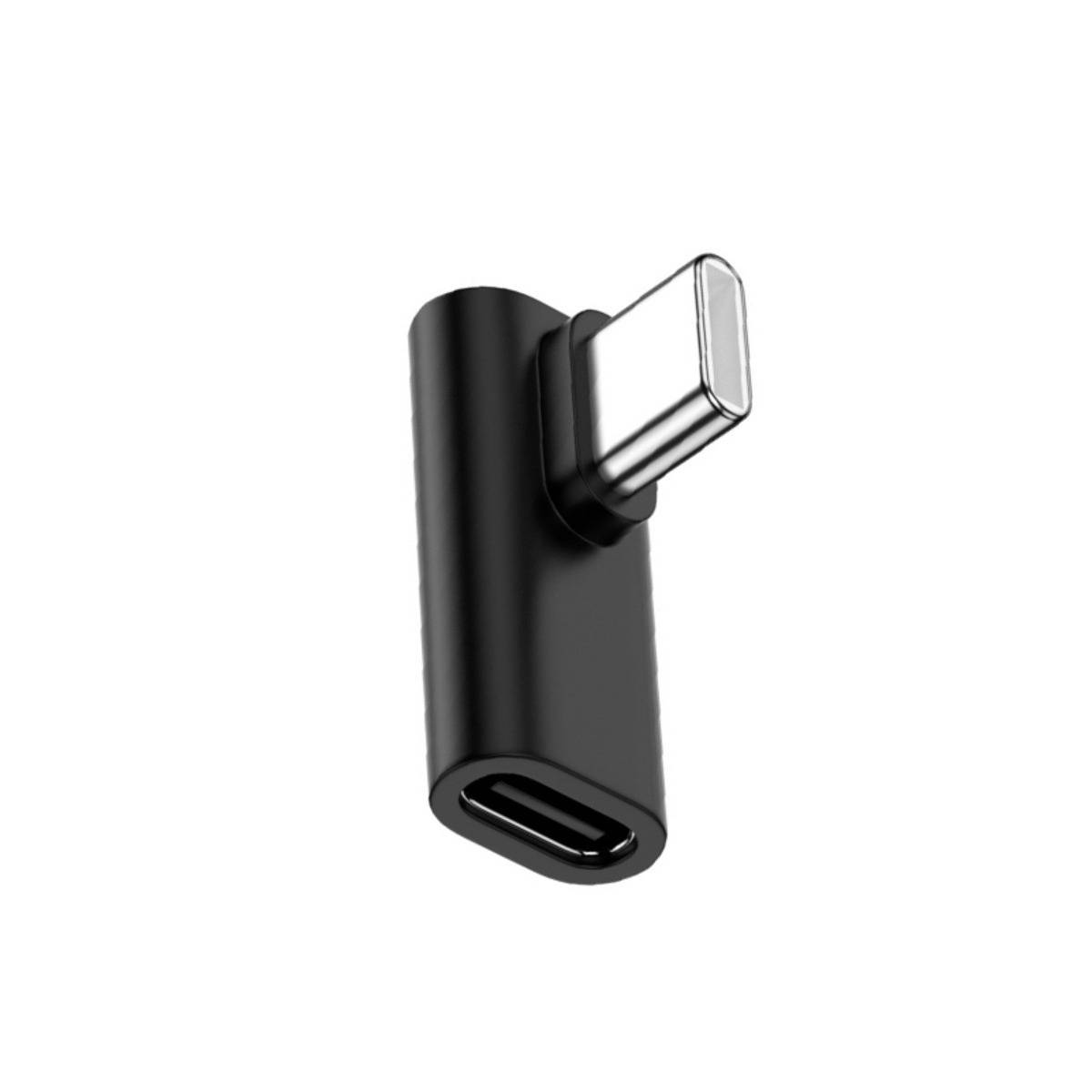 Schwarzer USB-C zu Lightning-Adapter auf weißem Hintergrund, mit USB-C Stecker und Lightning Buchse.