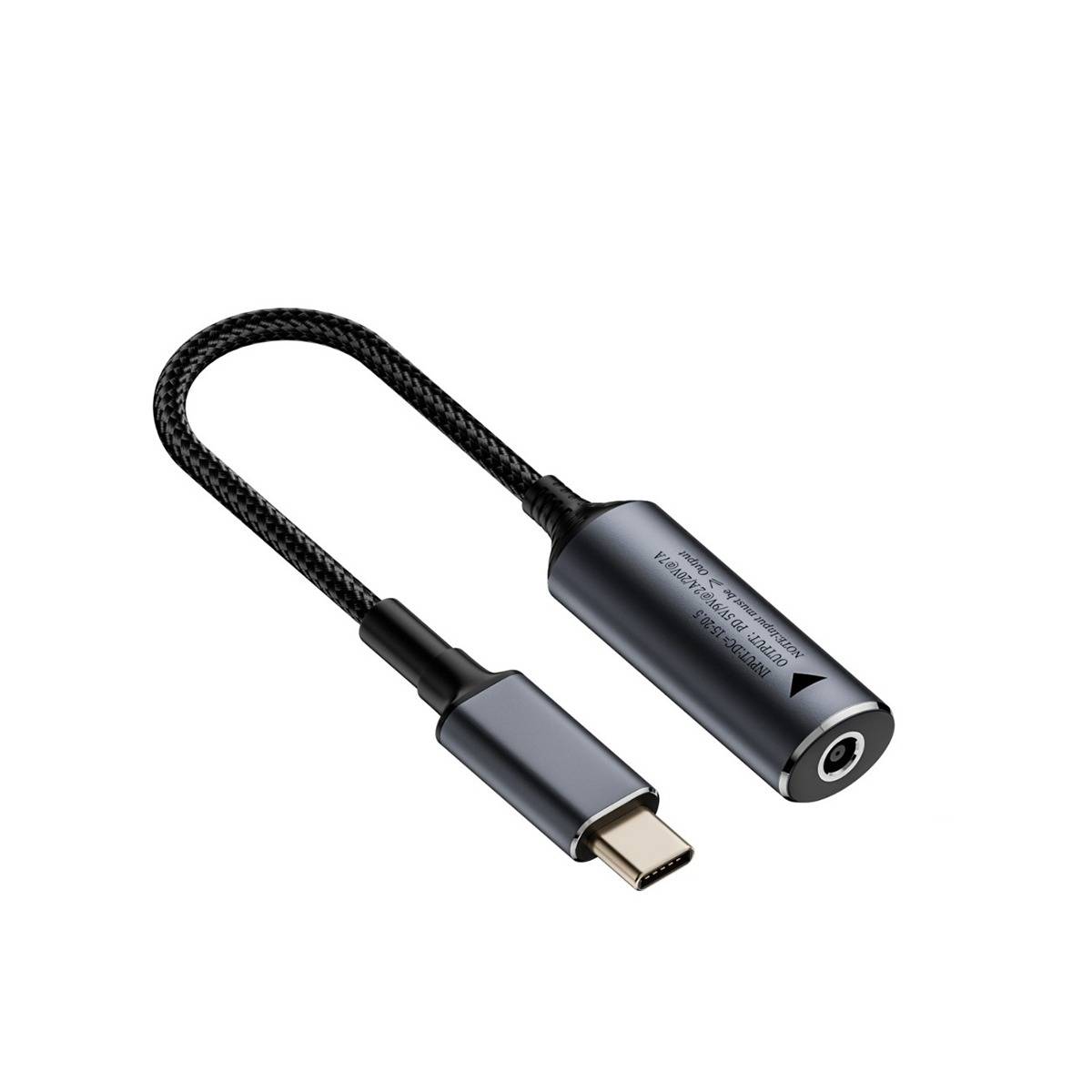 USB-C-Adapterkabel mit geflochtenem Kurzleiterkabel und zylindrischer Steckerendung, dargestellt auf weißem Hintergrund.