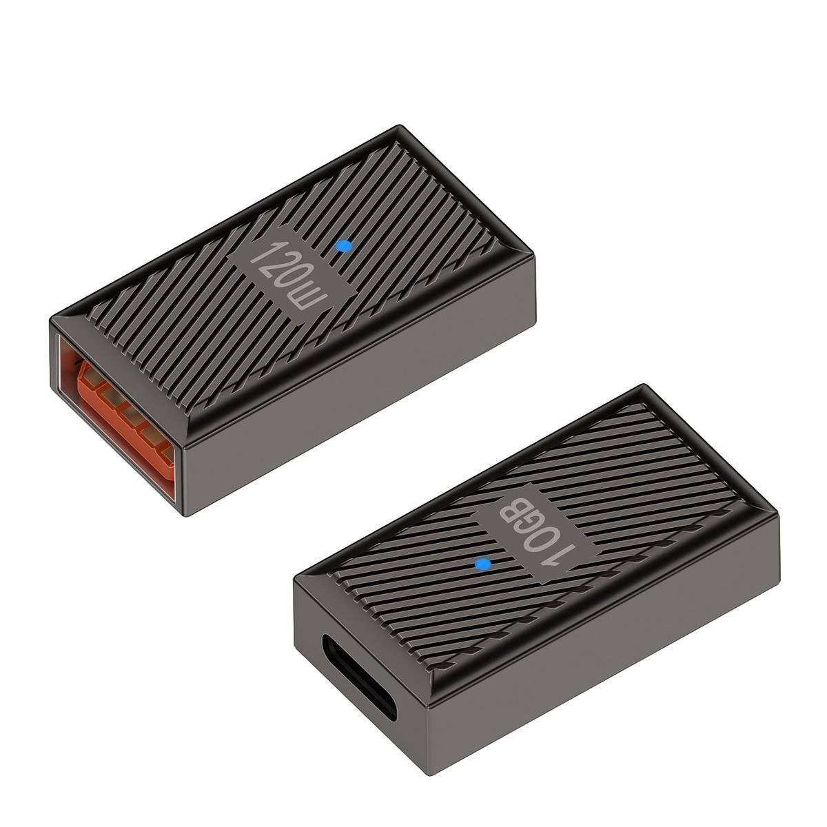 Zwei schwarze rechteckige USB-Adapter auf weißem Hintergrund, mit den Bezeichnungen „120W" und „10GB"", jeweils mit einem blauen Anzeigelicht und sichtbaren Anschlüssen.