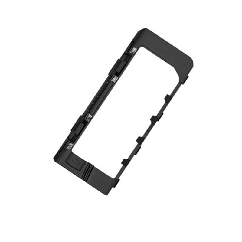Schwarzer Kunststoff-Smartphone-Bildschirmrand/Rahmen mit Seitenklemmen, isoliert auf weißem Hintergrund dargestellt.