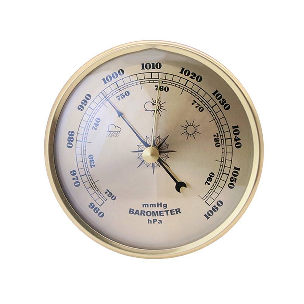 Analoges Barometer-Manometer zeigt Luftdruck in mmHg und hPa an, mit Nadel nahe 1000 hPa und Wettersymbolen, die wechselnde Bedingungen anzeigen.
