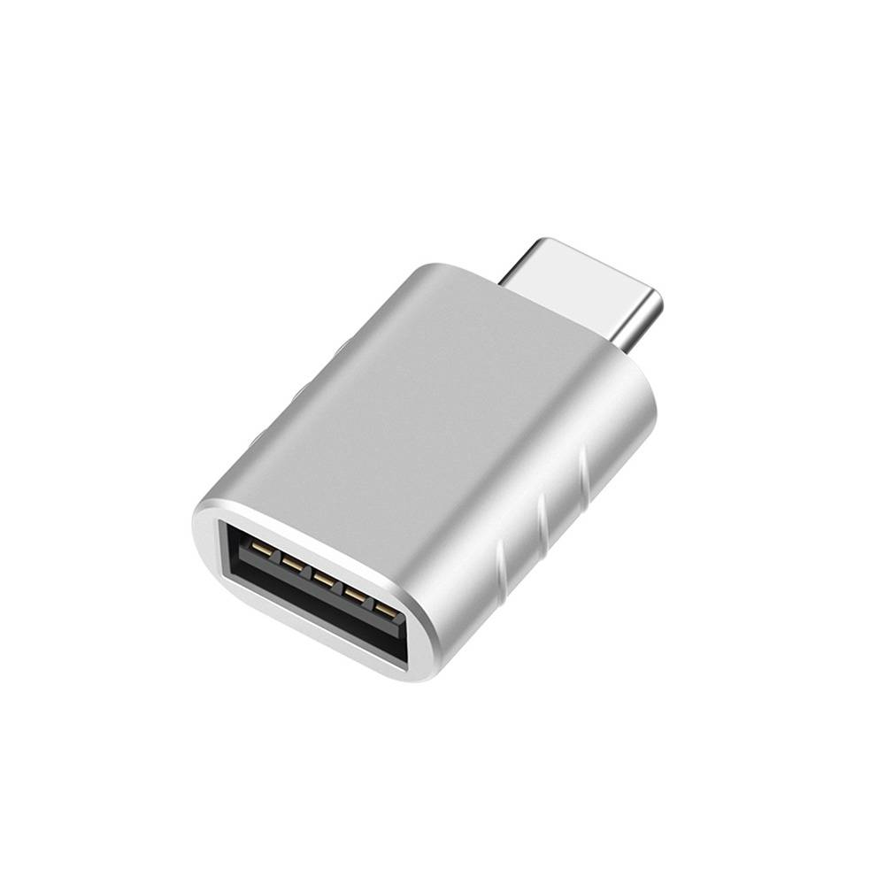 USB-C-zu-USB-A-Adapter in Silber, der einen männlichen USB-C-Stecker und einen weiblichen USB-A-Anschluss auf weißem Hintergrund zeigt.
