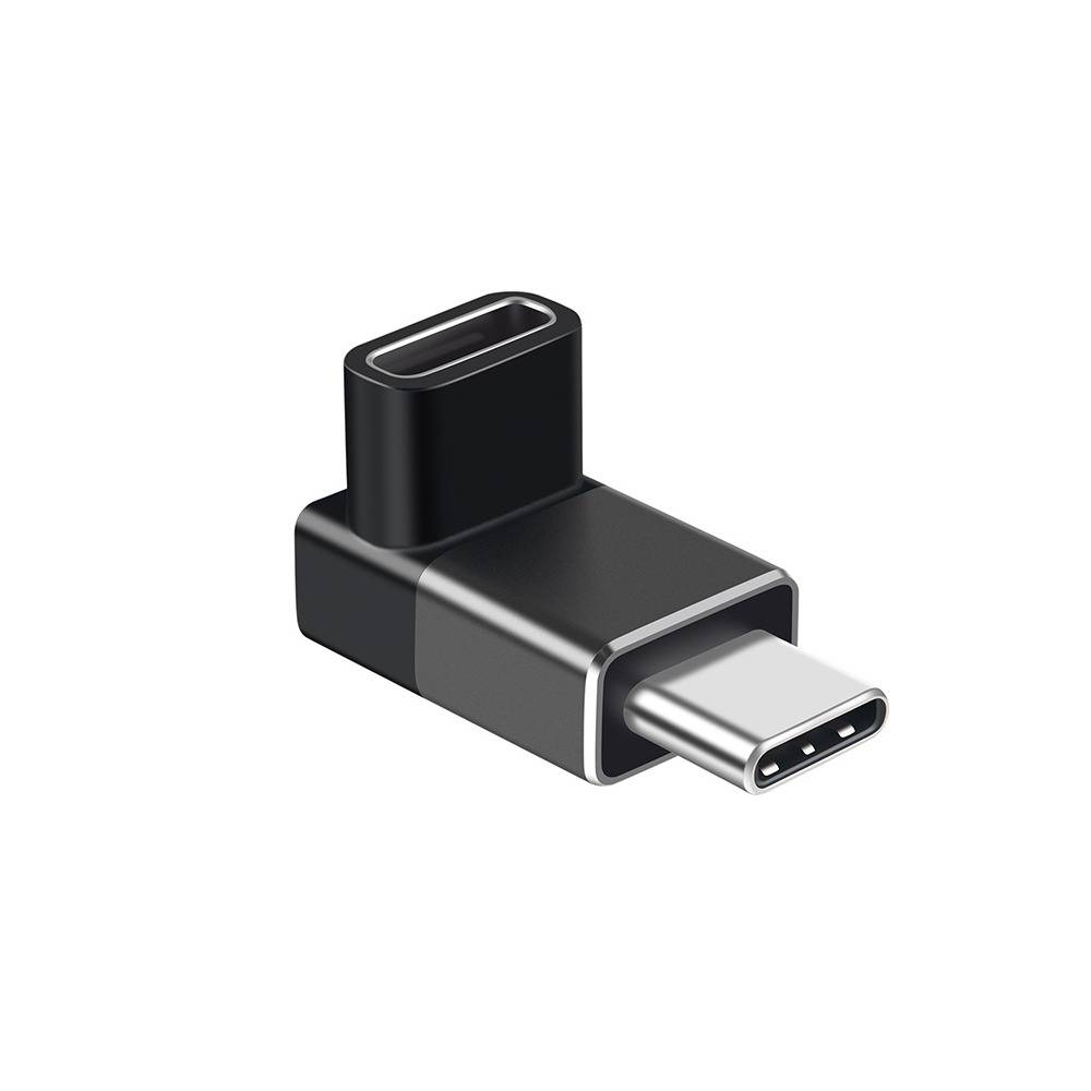 Schwarzer USB-C-Adapter mit rechtwinkliger Steckerverbindung, gezeigt auf weißem Hintergrund.