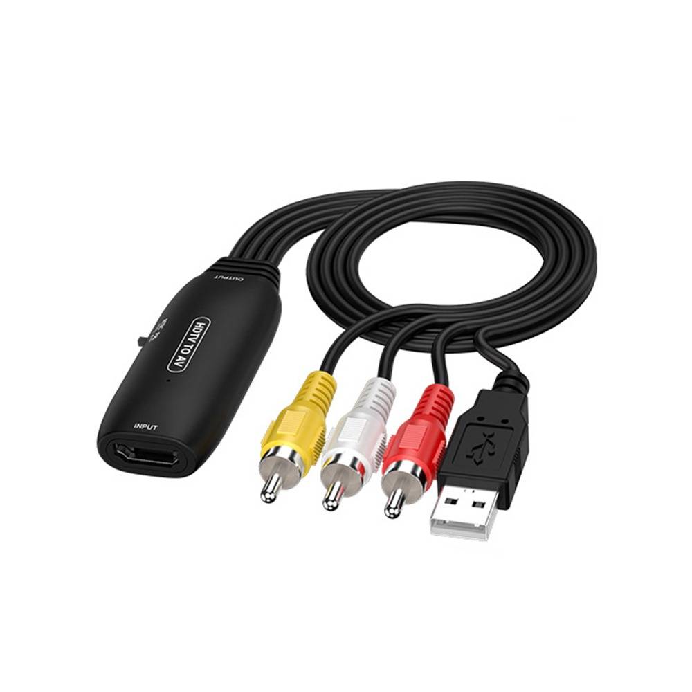 Schwarzes USB-Erfassungskabel mit HDMI-Eingang und gelben, weißen und roten Cinch-Steckern für Audio-Video-Verbindung.