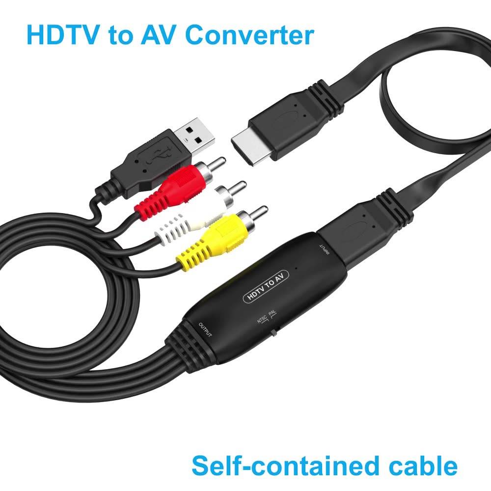 HDTV-zu-AV-Konverterkabel mit HDMI-Anschlüssen und zusammengesetzten RCA-Steckern, gekennzeichnet als „In sich geschlossenes Kabel