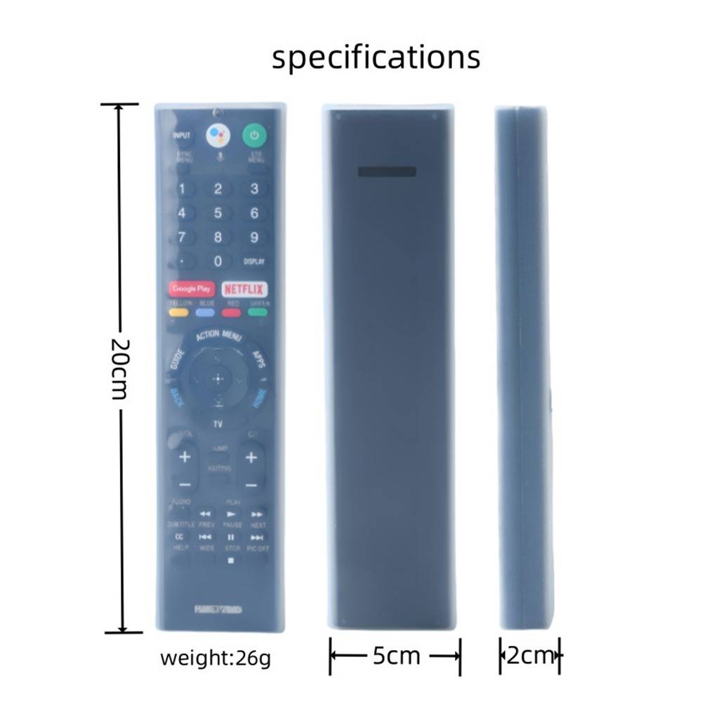 Spezifikationen Bild einer Fernbedienung gezeigt von vorne, hinten und seitlich, mit Beschriftungen 20 cm lang, 5 cm breit, 2 cm dick und 26 g Gewicht.