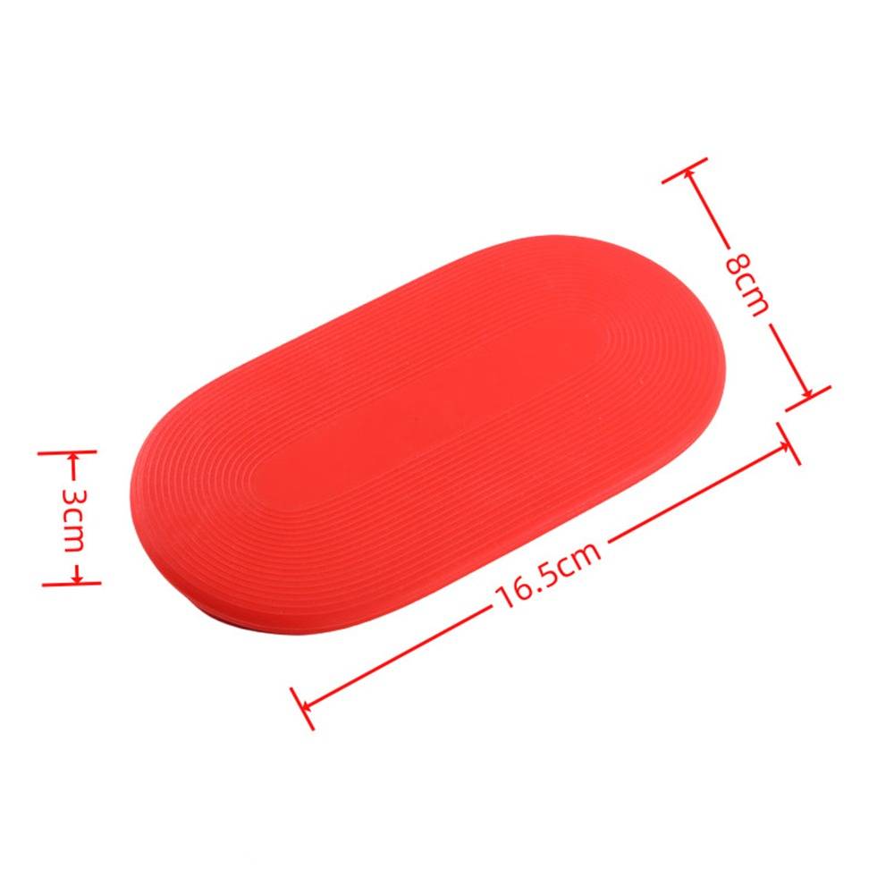 Rotes ovales Kissen mit beschrifteten Abmessungen von 16,5 cm Länge, 8 cm Breite und 3 cm Höhe.