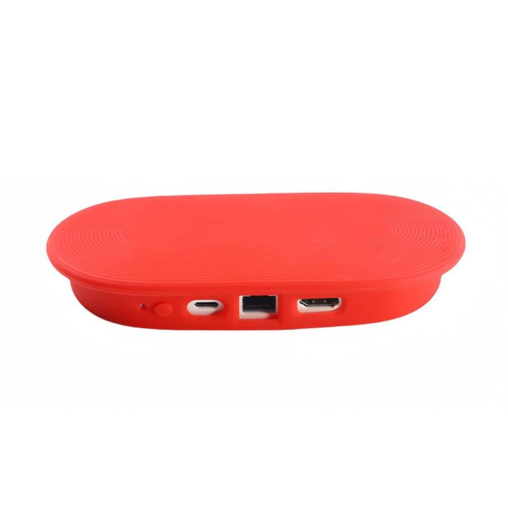 Roter ovaler tragbarer Lautsprecher von vorne gesehen, mit Netzschalter und USB-, Ethernet- und HDMI-Anschlüssen auf weißem Hintergrund