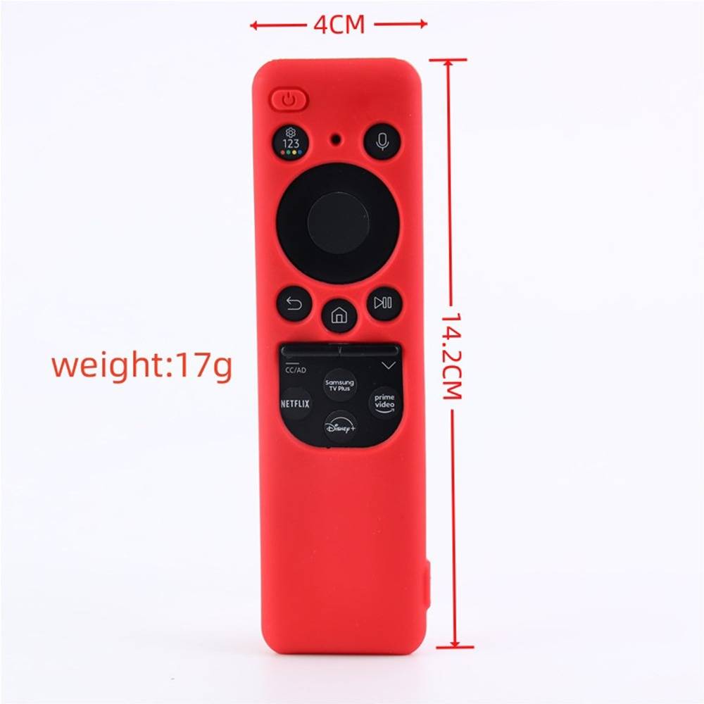 Rote Fernbedienung für Fernseher mit Messbeschriftungen, die 14,2 cm Höhe, 4 cm Breite und Gewicht 17 g anzeigen.