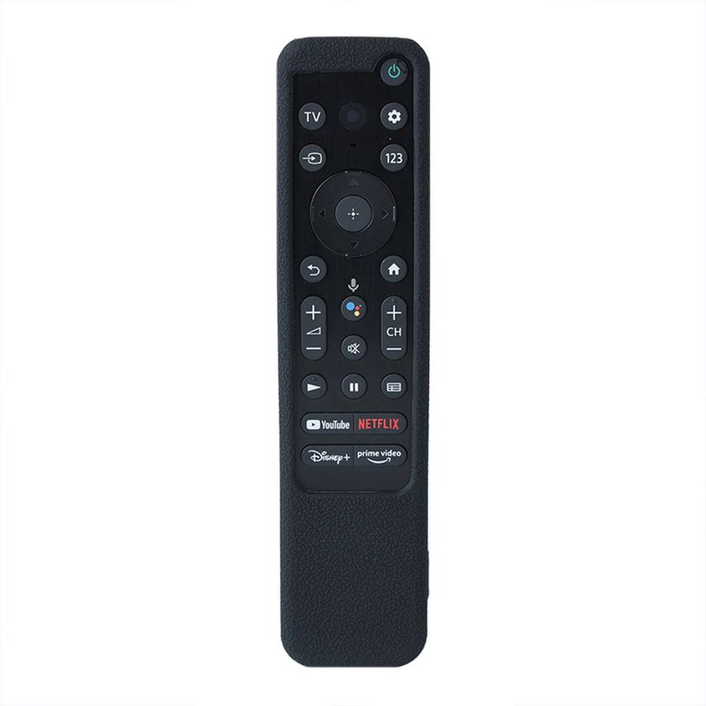 Schwarze Fernbedienung für Fernseher mit Ein-/Ausschalter, Navigationstasten, Lautstärke-, Kanal-, Mikrofon- und Streaming-App-Tasten für YouTube, Netflix, Disney+ und Prime Video.
