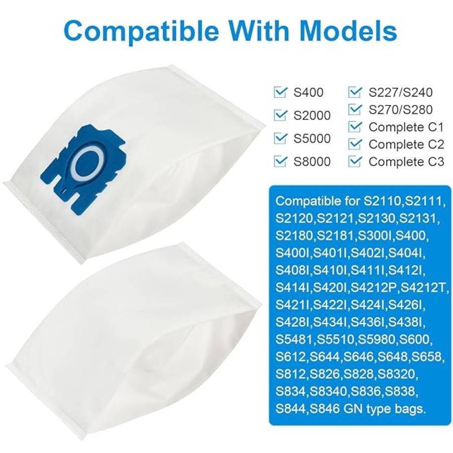 Produktbild mit zwei Staubsaugerbeuteln und einer Kompatibilitätsliste für S400, S2000, S5000, S8000, S227/S240, S270/S280 und Complete-Modelle.
