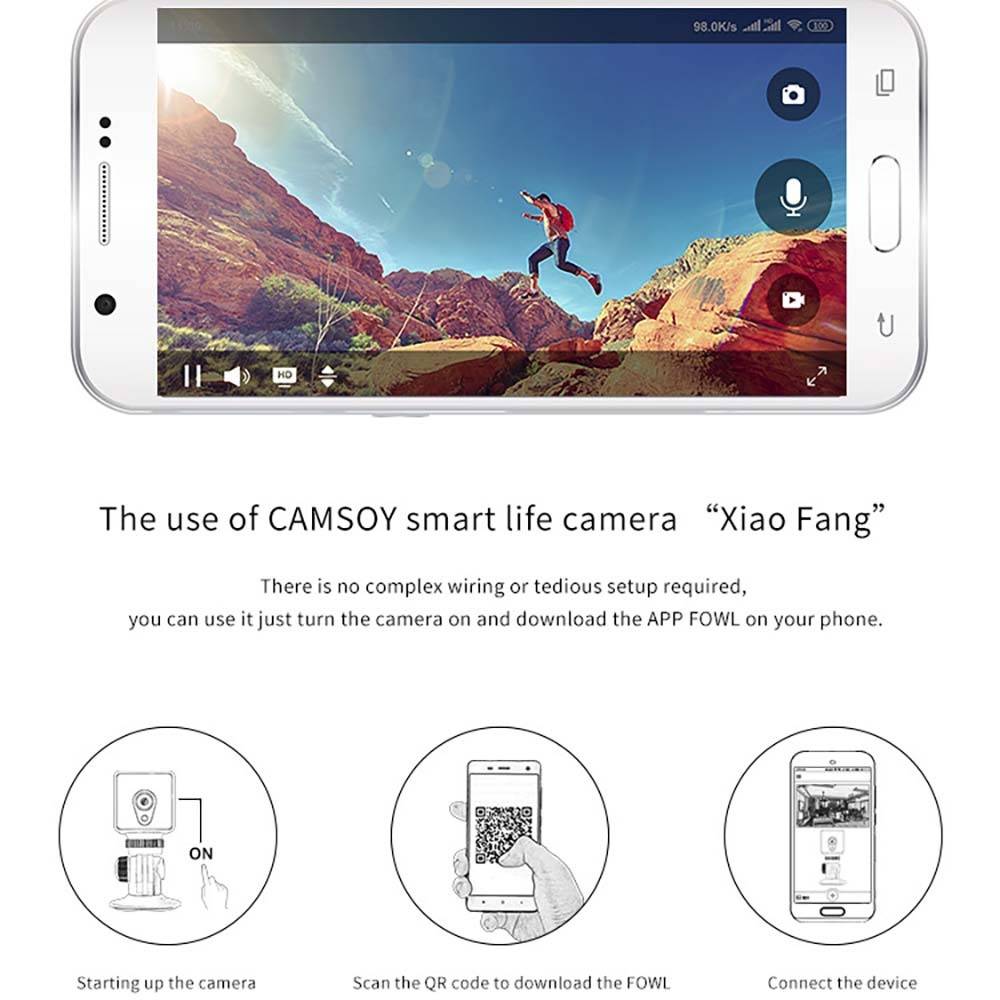 Werbegrafik für die CAMSOY 'Xiao Fang' Smart-Life-Kamera, die eine Telefon-App zur Steuerung einer Kamera mit QR-Code-Einrichtung und einfachen Verbindungsschritten zeigt.