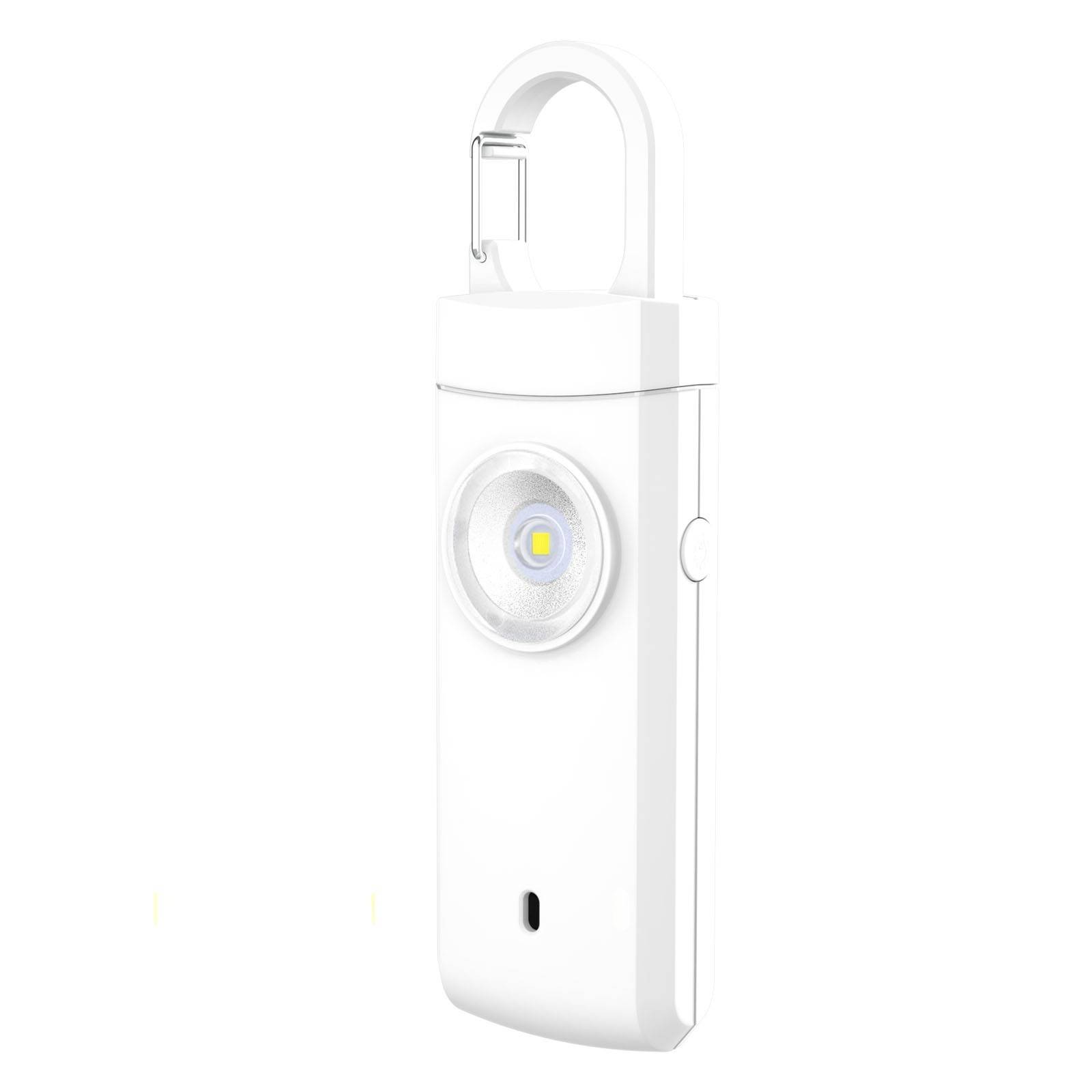 Weiße aufladbare Clip-LED-Leuchte mit Aufhängehaken und runder Frontleuchte auf einfachem Hintergrund.