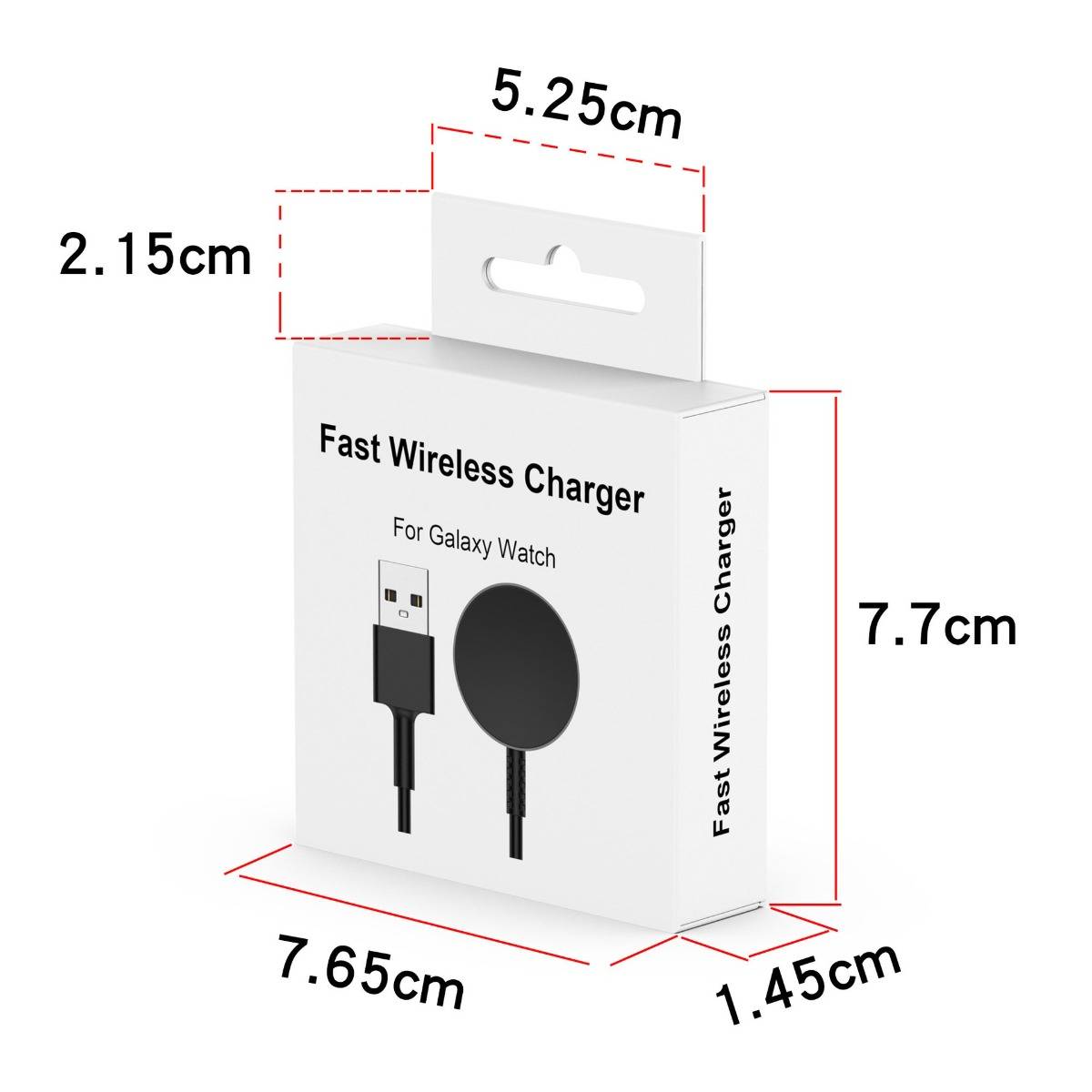 Verpackungsdiagramm eines schnellen kabellosen Ladegeräts für Galaxy Watch, das Produktkartonabmessungen zeigt: 7,7 cm Höhe, 7,65 cm Breite, 1,45 cm Tiefe, mit 5,25 cm Oberteil und 2,15 cm Aufhängungslasche.