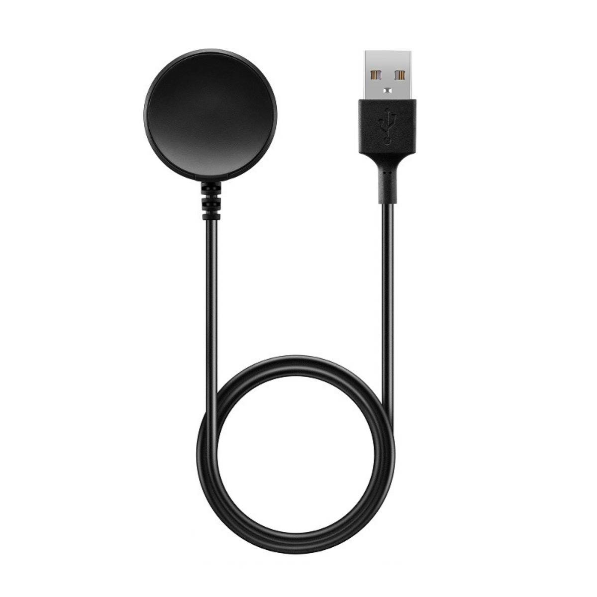 Schwarzes USB-Ladekabel mit einer runden magnetischen Ladeschale an einem Ende und einem USB-A-Stecker am anderen Ende, aufgerollt auf weißem Hintergrund.