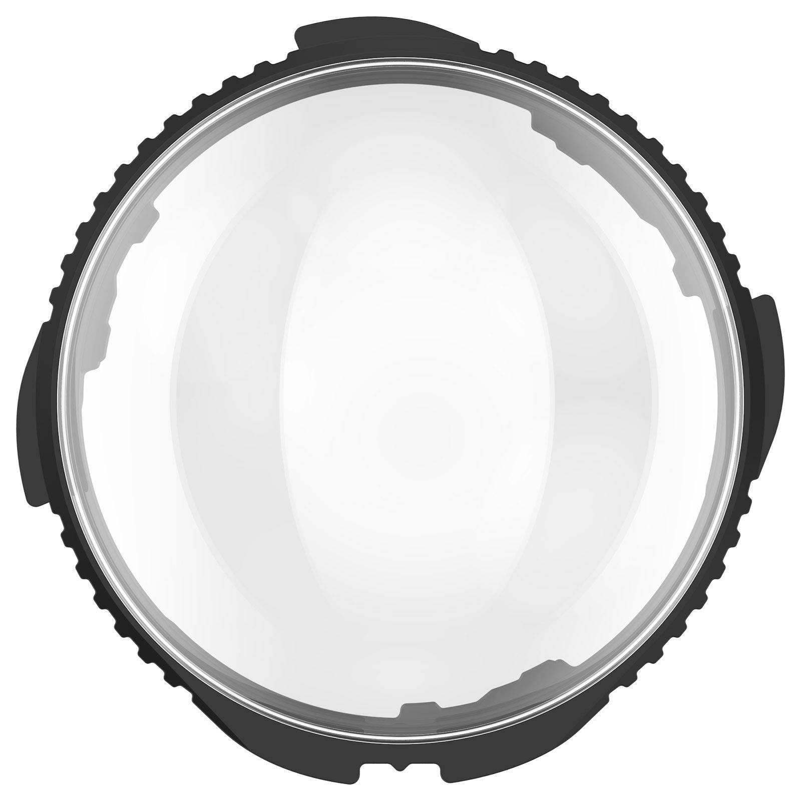 Kreisförmige schwarze Kameralinse oder ein Filter, von vorne auf weißem Hintergrund betrachtet.