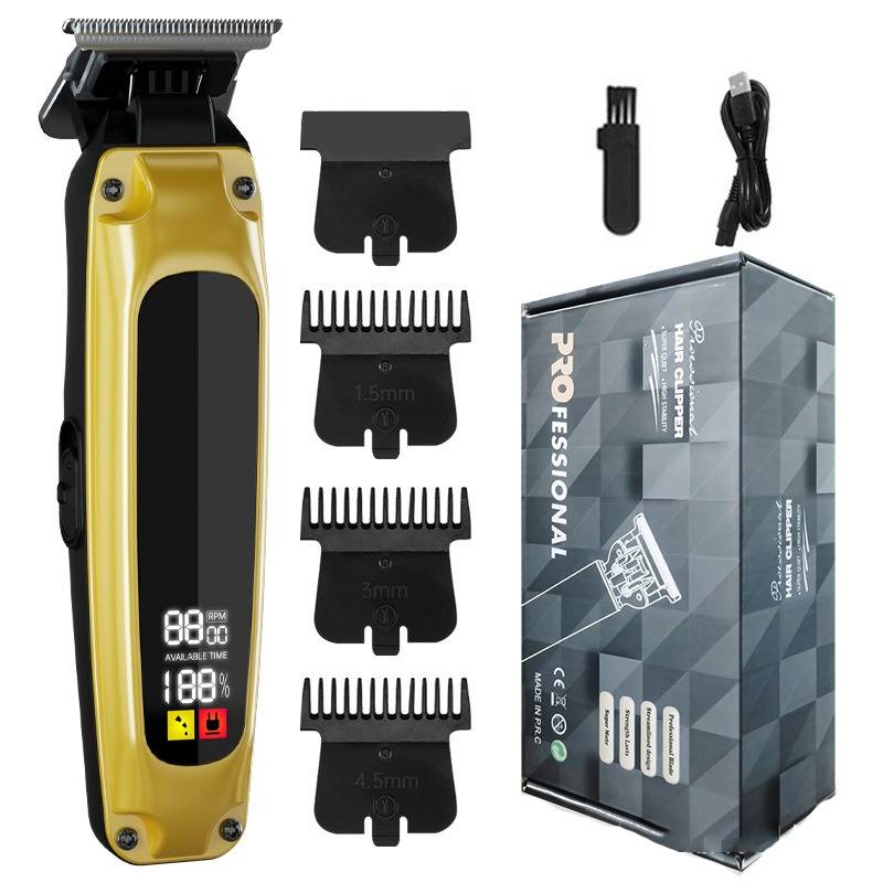 Goldenes elektrisches Haarschneidemaschinen-Set mit Ladekabel, Reinigungsbürste, vier Führungskämmen und Produktbox