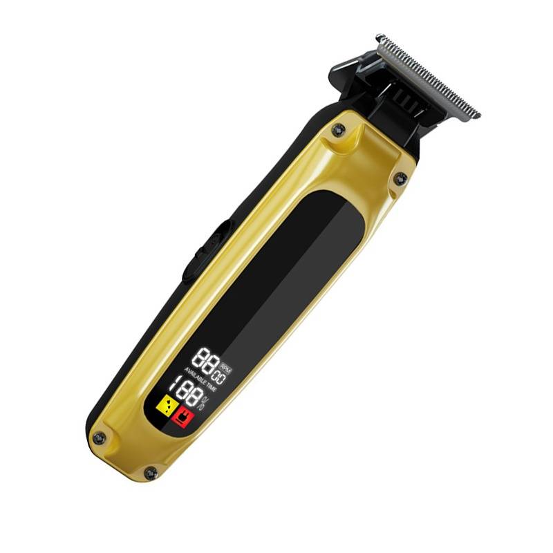 Schwarzer und goldener elektrischer Haarschneider mit digitaler Anzeige und Schneidekopf, gezeigt auf weißem Hintergrund.