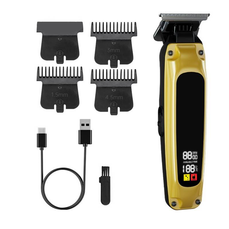 Kabelloses Haarschneidemaschinen-Set mit Goldtrimmer, vier Kammaufsätzen, USB-Ladekabel und Reinigungsbürste auf weißem Hintergrund.