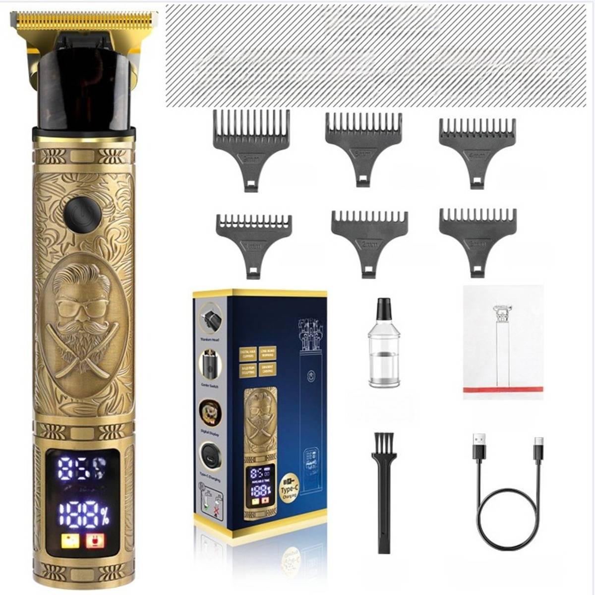 Goldenes kabelloses Haarschneidemaschinen-Set mit LED-Display, mehreren Schutzaufssätzen, Reinigungsbürste, Ölflasche, Ladekabel und Produktverpackung.