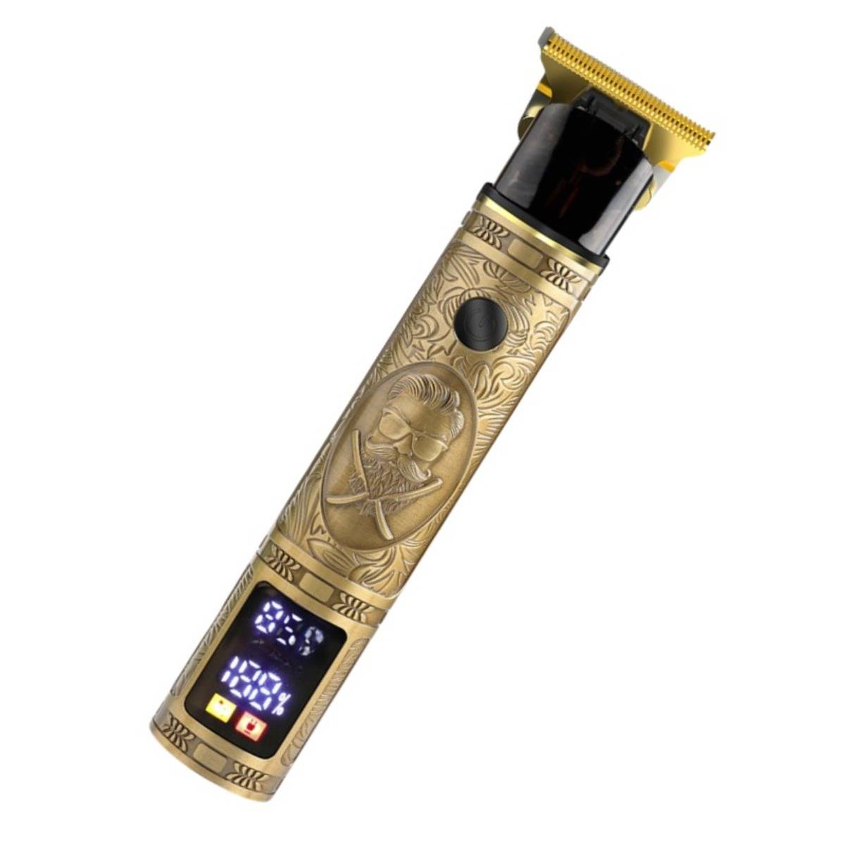 Goldener schnurloser Haarschneider mit ornamentiertem graviertem Gehäuse, digitaler Batterieanzeige und freiliegendem Schneidekopf auf weißem Hintergrund.