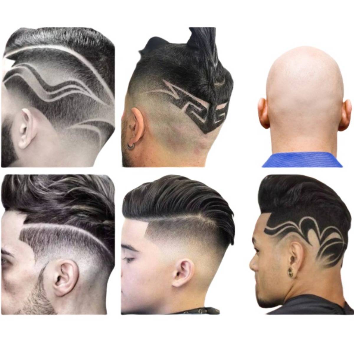 Sechs Beispiele von Herren-Fade-Haarschnitten mit rasierter Linie und Tribal-Stil-Designs, dargestellt von der Seiten- und Rückansicht.