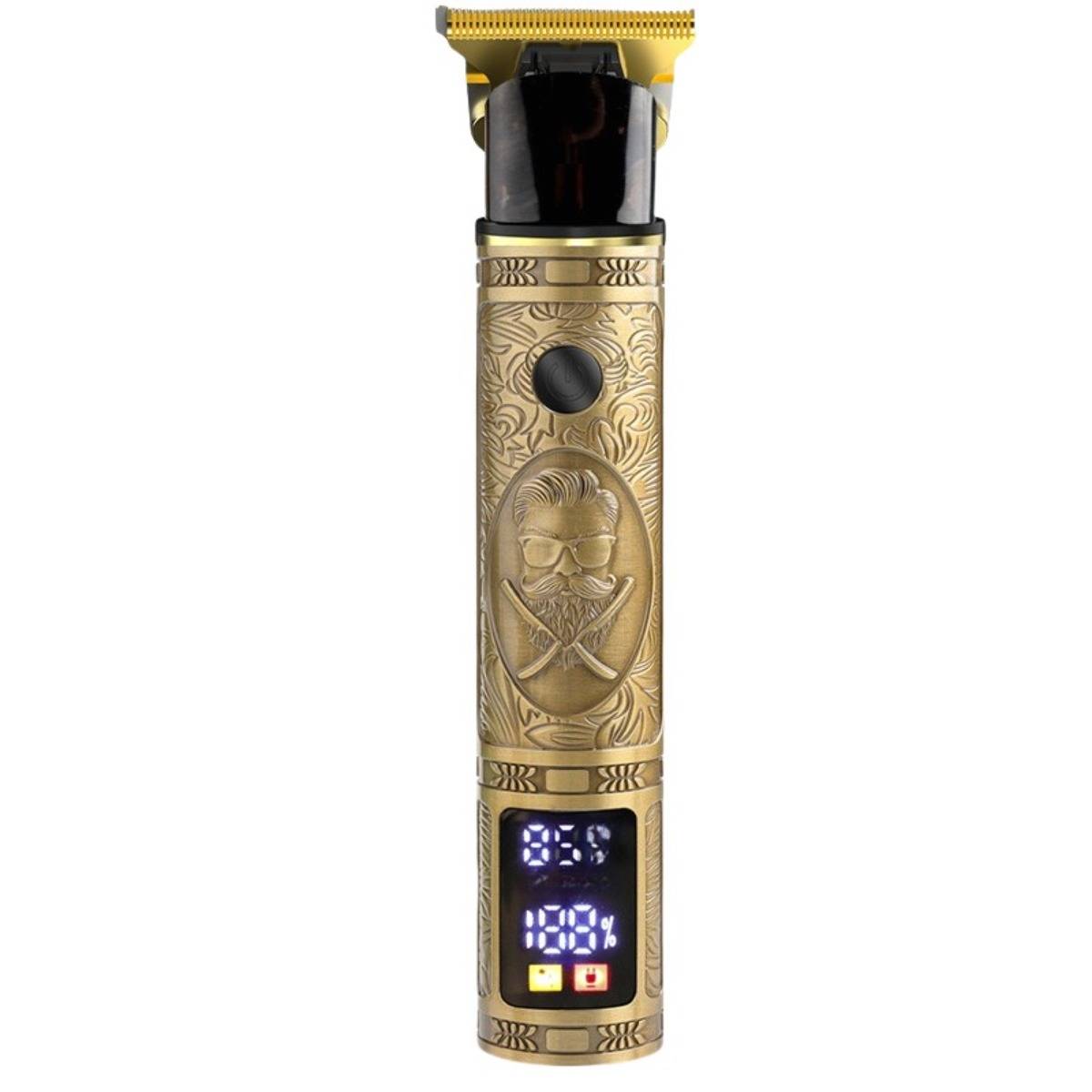 Goldener schnurloses Haarschneider mit verzierter Totenkopfgravur, schwarzem Messerkopf und beleuchtetem digitalen Batterieanzeige am Griff.