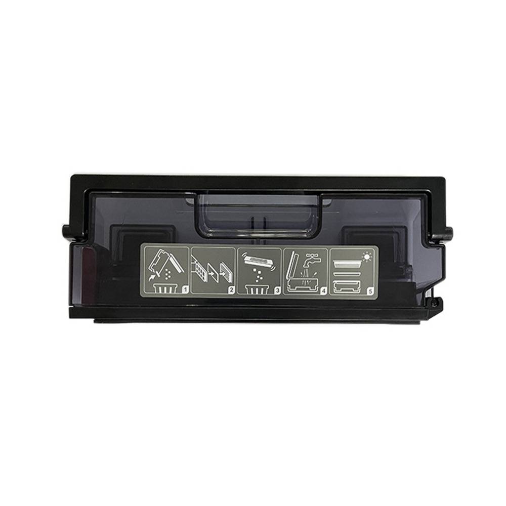 Schwarze rechteckige Druckertonerkassette mit transparenter Vorderabdeckung, auf der Piktogrammanweisungen zu sehen sind.