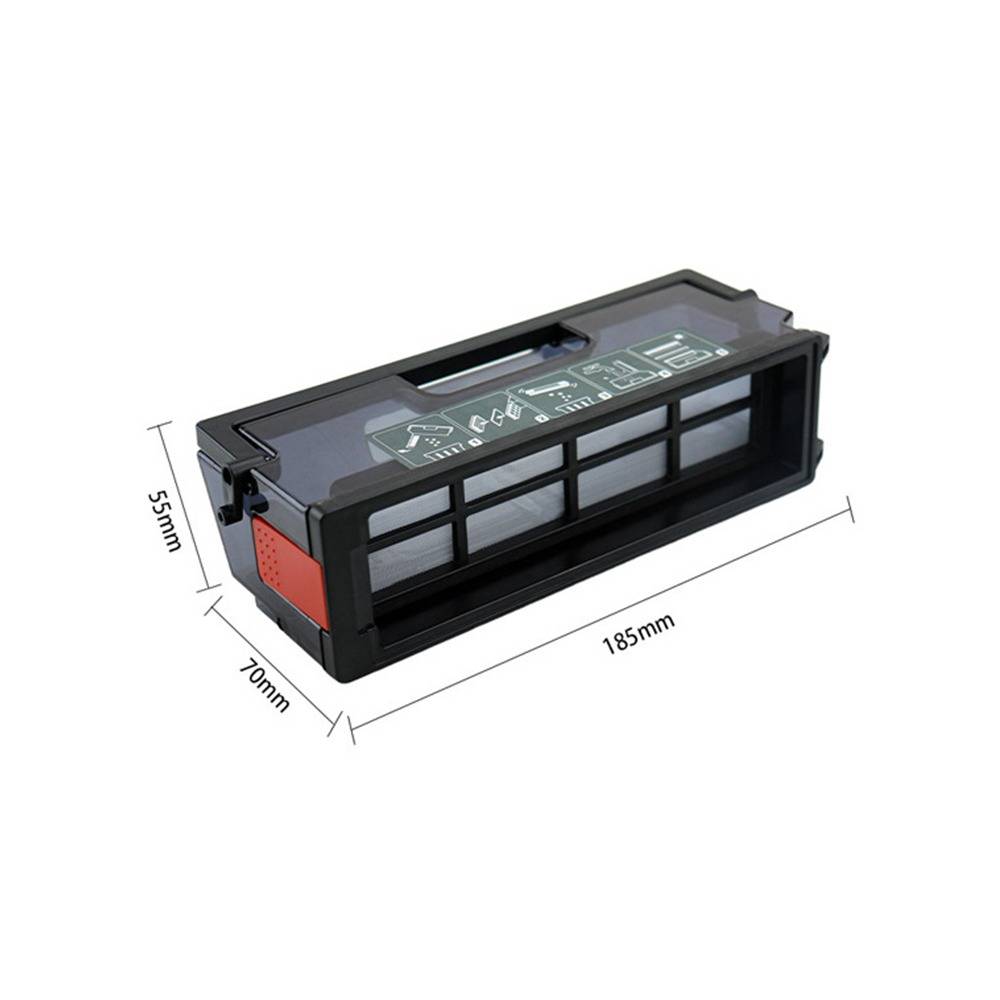 Schwarze rechteckige Luftfilterpatrone in 3D-Darstellung mit beschrifteten Abmessungen: 185 mm lang, 70 mm breit und 55 mm hoch.