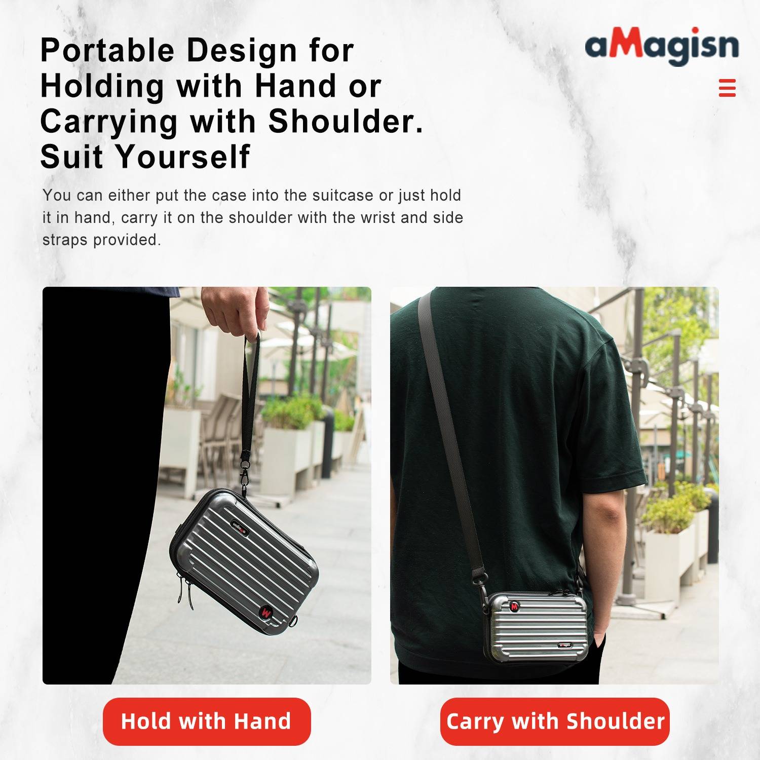 Werbebild, das eine gestreifte tragbare Tasche zeigt, die von Hand gehalten oder diagonal über die Schulter getragen wird, mit dem Text „Tragbares Design zum Halten mit der Hand oder zum Tragen über der Schulter. Ganz wie du magst."