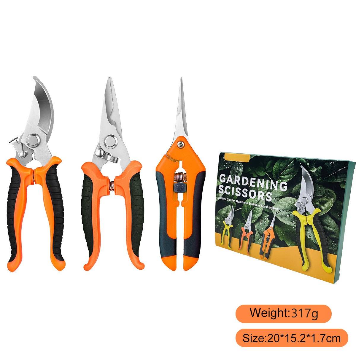 Drei orange-schwarze Gartengeräte mit Verpackung mit der Aufschrift „GARTENSCH EREN