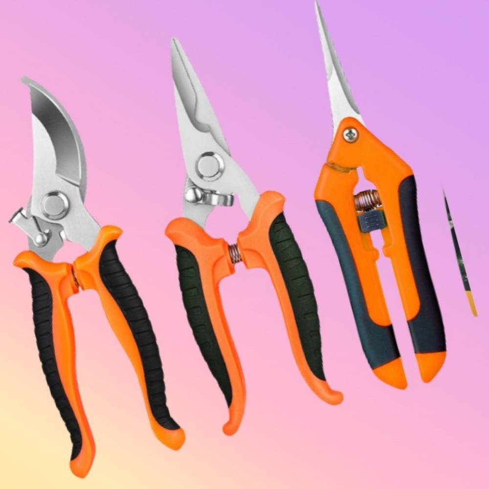Drei orange-schwarze Gartenscheren und ein kleines Präzisionsmesser auf rosafarbenem Hintergrund.