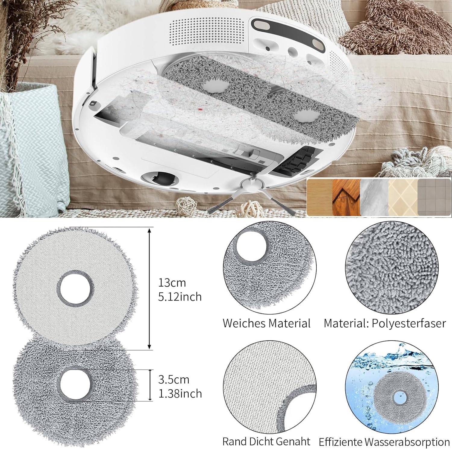Mikrofaser-Mopp-Pad für einen Roboter-Staubsauger, abgebildet in Verwendung und in Nahaufnahme, mit Größenetikett 13 cm und 3,5 cm, weiches Polyestermaterial und starke Wasseraufnahme.